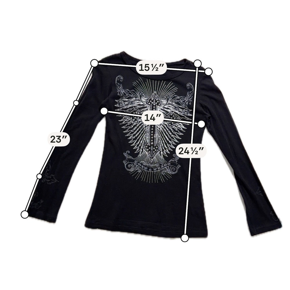 Vocal Black Rhinestone Cross Graphic Long Sleeve Top USA Size Small Y2K - Picture 6 of 6